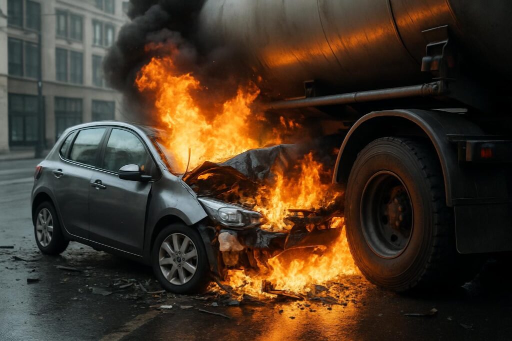 spectacular collision: a car lodges under a truck before bursting into flames 4 découvrez les détails d'une collision spectaculaire où une voiture s'est retrouvée coincée sous un camion avant de prendre feu, causant un incendie impressionnant.