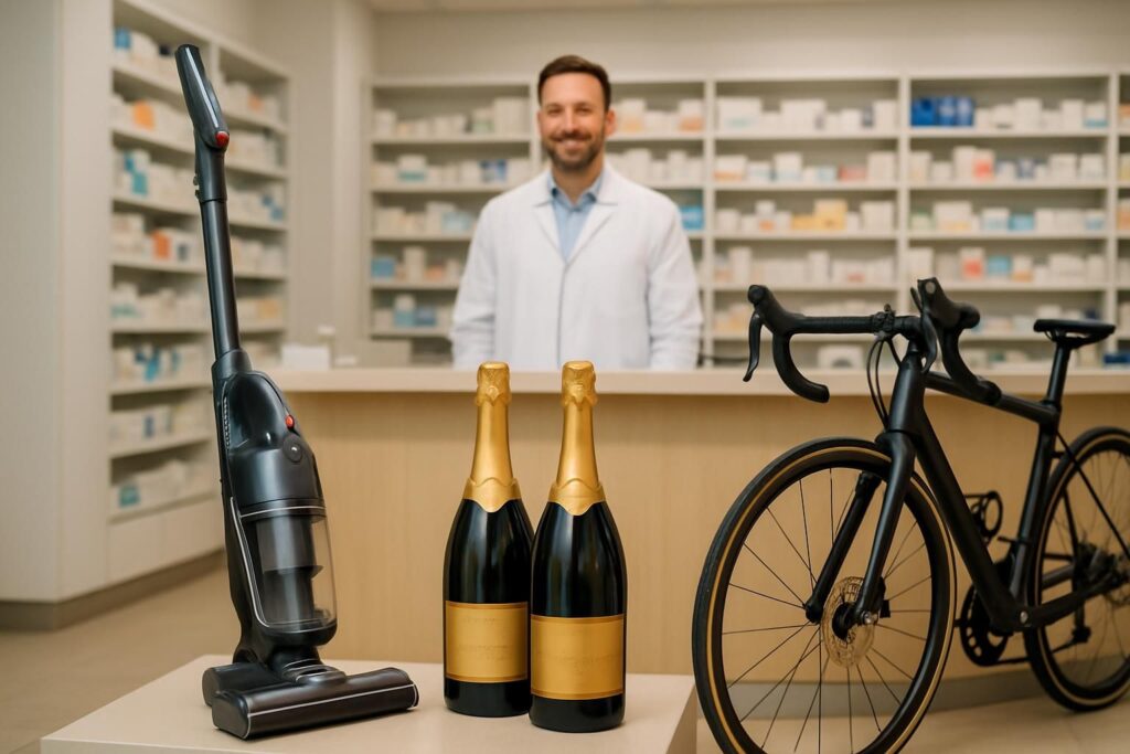 découvrez comment le laboratoire urgo offre plus de 22 000 € de cadeaux à une pharmacie, avec des aspirateurs, du champagne et un vélo au programme.