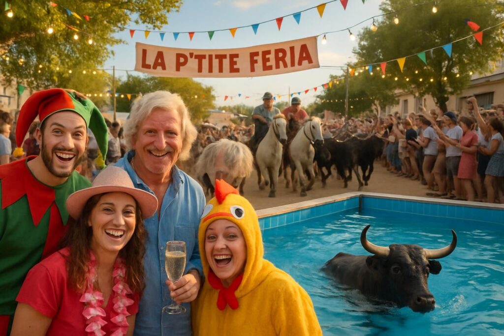 découvrez la p'tite feria avec patrick sébastien : deux jours de fête intense rythmés par champagne, toro-piscine et abrivado pour une ambiance unique et festive.