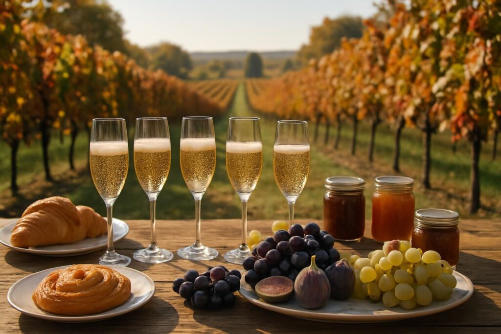 découvrez une image captivante du petit-déjeuner des vendanges, où 75% des bulles de champagne se retrouvent réunies pour célébrer la richesse et la magie de la récolte.